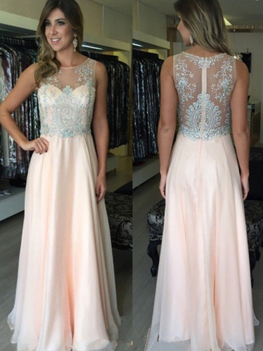 A-Line/Princess Scoop Sleeveless Beading Floor-Length Chiffon Dresses