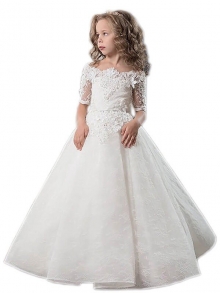 Ball Gown Short Sleeves Off-the-Shoulder Applique Satin Floor-Length Flower Girl Dresses