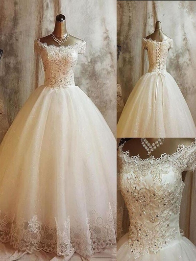 Ball Gown Applique Off-the-Shoulder Sweep/Brush Train Sleeveless Tulle Wedding Dresses