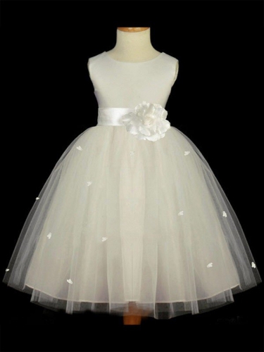 A-line/Princess Scoop Sleeveless Hand-made Flower Long Tulle Flower Girl Dresses