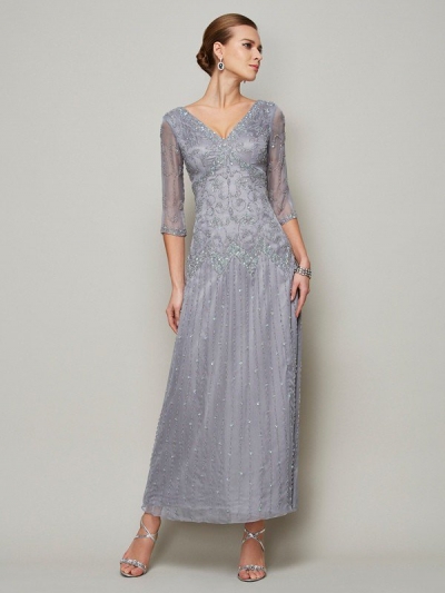 Sheath/Column V-neck 1/2 Sleeves Beading Long Elastic Woven Satin Mother of the Bride Dresses [40118]