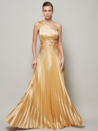 A-Line/Princess One-Shoulder Sleeveless Hand-Made Flower Long Elastic Woven Satin Dresses [40271]