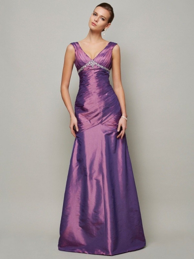 Sheath/Column V-neck Sleeveless Beading Long Taffeta Dresses [40296]