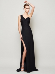 Sheath/Column One-Shoulder Sleeveless Pleats Long Chiffon Dresses