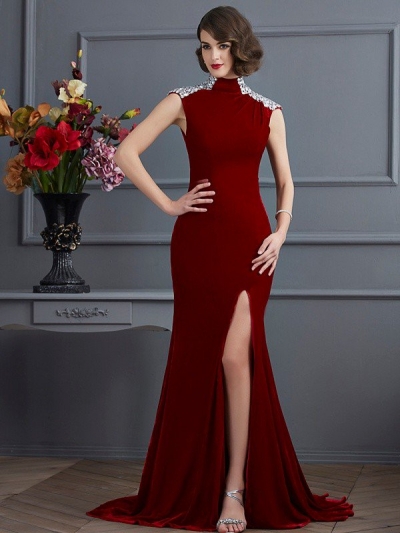 A-Line/Princess High Neck Sleeveless Beading Long Dresses [40542]