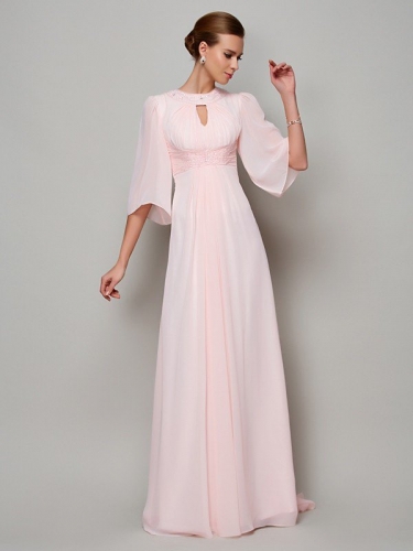 A-Line/Princess High Neck 1/2 Sleeves Beading Long Chiffon Mother of the Bride Dresses