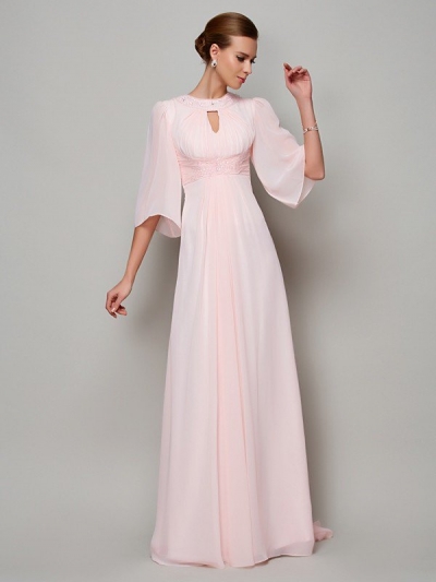 A-Line/Princess High Neck 1/2 Sleeves Beading Long Chiffon Mother of the Bride Dresses [40548]