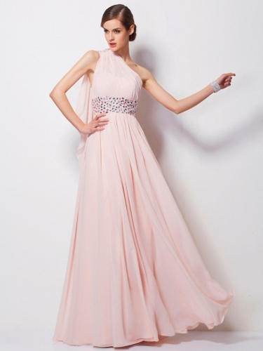 Sheath/Column One-Shoulder Sleeveless Beading Long Chiffon Dresses