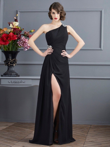 Sheath/Column One-Shoulder Sleeveless Beading Long Chiffon Dresses