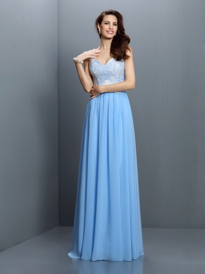 A-Line/Princess V-neck Lace Sleeveless Long Chiffon Bridesmaid Dresses [50006]