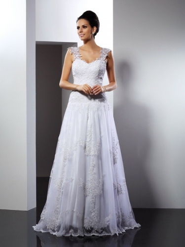 A-Line/Princess Straps Applique Sleeveless Long Lace Wedding Dresses