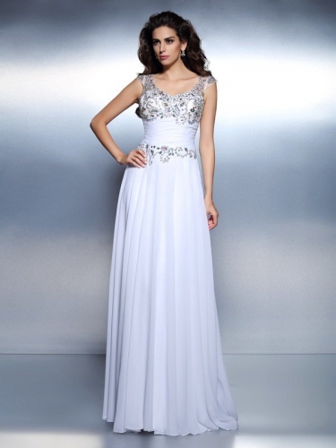 A-Line/Princess Scoop Beading Sleeveless Rhinestone Long Chiffon Dresses