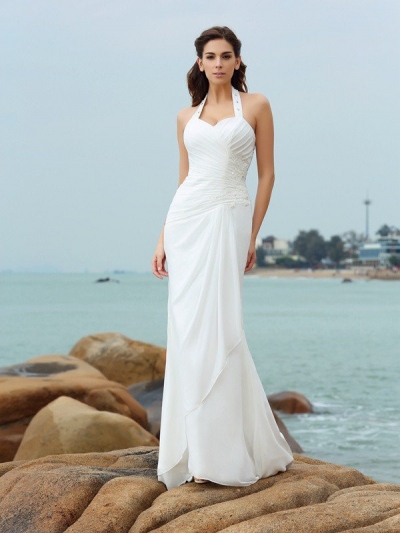 Sheath/Column Halter Pleats Sleeveless Long Chiffon Beach Wedding Dresses [51112]