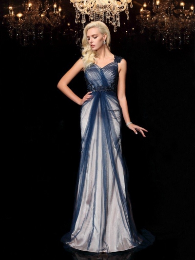 Sheath/Column Straps Applique Sleeveless Long Elastic Woven Satin Dresses [60443]