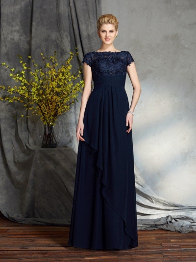 A-Line/Princess Bateau Applique Short Sleeves Long Chiffon Mother of the Bride Dresses [60504]