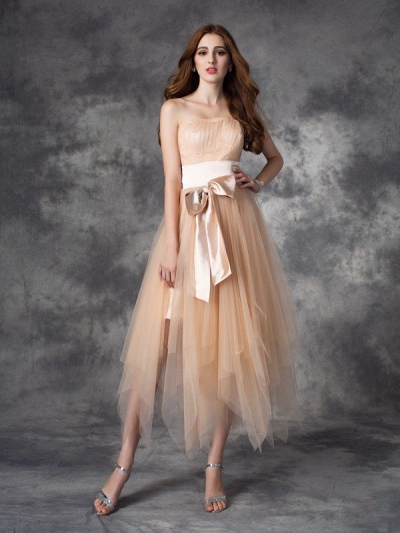 A-line/Princess Strapless Bowknot Sleeveless Long Elastic Woven Satin Dresses [60618]