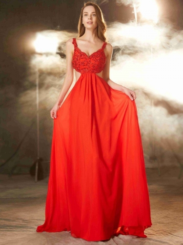 A-Line/Princess Straps Sleeveless Floor-Length Applique Chiffon Dresses