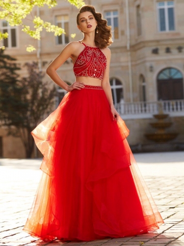 A-Line/Princess Spaghetti Straps Sleeveless Floor-Length Beading Tulle Two Piece Dresses