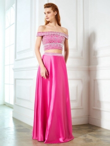 A-Line/Princess Off-the-Shoulder Beading Sleeveless Satin Floor-Length Two Piece Dresses