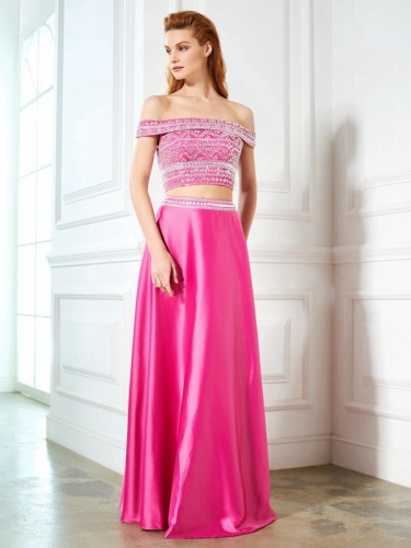 A-Line/Princess Off-the-Shoulder Beading Sleeveless Satin Floor-Length Two Piece Dresses