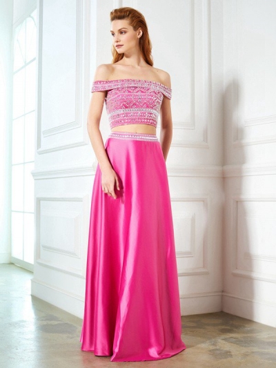 A-Line/Princess Off-the-Shoulder Beading Sleeveless Satin Floor-Length Two Piece Dresses [70025]