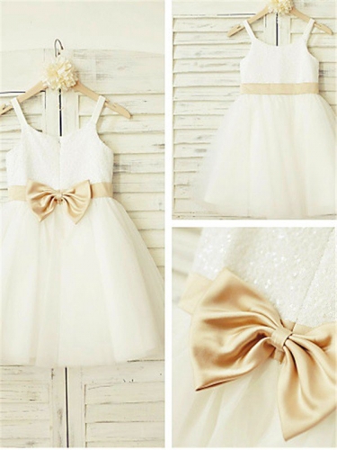 A-line/Princess Spaghetti Straps Sleeveless Bowknot Floor-Length Tulle Flower Girl Dresses