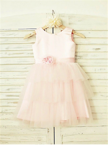 A-line/Princess Scoop Sleeveless Hand-made Flower Floor-Length Tulle Flower Girl Dresses