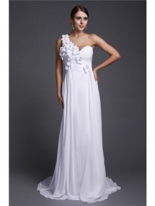 A-Line/Princess One Shoulder Hand-Made Flower Long Sleeveless Chiffon Dresses