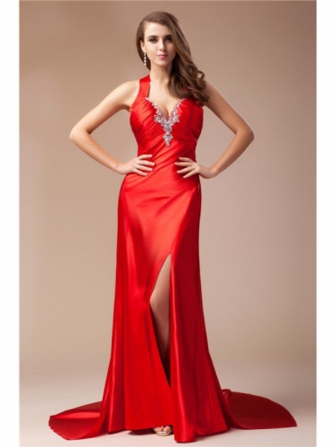 Sheath/Column V-neck Sleeveless Long Elastic Woven Satin Dresses