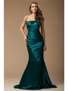 Trumpet/Mermaid One Shoulder Sleeveless Long Ruffles Beading Elastic Woven Satin Dresses