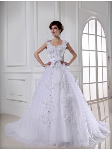 Ball Gown Beading Long Satin Tulle Strapless Sleeveless Wedding Dresses