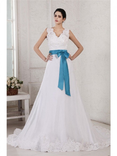 A-Line/Princess V-neck Sleeveless Applique Sash Long Organza Satin Wedding Dresses