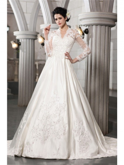 A-Line/Princess Long Sleeves Beading Applique Long Satin Wedding Dresses [N13ZYDRESS151]