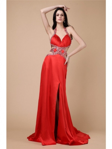 Sheath/Column Halter Sleeveless Beading Long Elastic Woven Satin Dresses