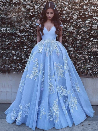 Ball Gown Sleeveless Off-the-Shoulder Applique Tulle Sweep/Brush Train Dresses