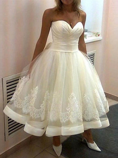 Ball Gown Applique Sweetheart Tulle Sleeveless Tea-Length Wedding Dresses [PO16033PO521]