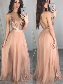 A-Line/Princess Sleeveless Spaghetti Straps Chiffon Floor-Length Sequin Dresses