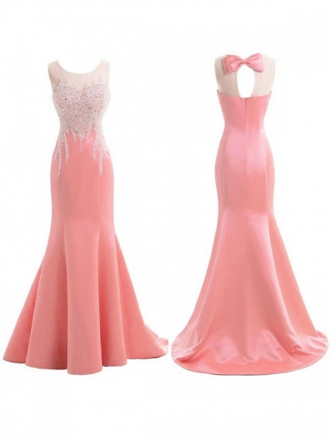 Trumpet/Mermaid Scoop Sleeveless Sweep/Brush Train Satin Beading Bridesmaid Dresses