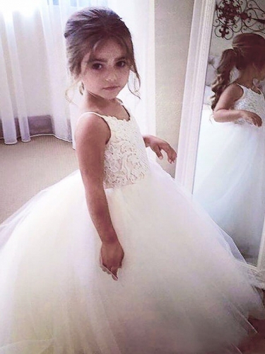 Ball Gown Jewel Sleeveless Lace Floor-Length Tulle Flower Girl Dresses