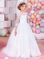 Ball Gown Jewel 1/2 Sleeves Lace Floor-Length Tulle Flower Girl Dresses