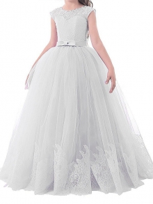 Ball Gown Jewel Sleeveless Bowknot Floor-Length Tulle Flower Girl Dresses