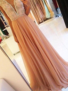 A-Line/Princess Sleeveless V-neck Chiffon Beading Floor-Length Dresses