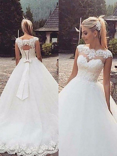 Ball Gown Sleeveless Bateau Lace Tulle Court Train Wedding Dresses [PON1506EV1006]