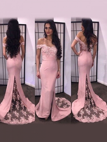 Trumpet/Mermaid Off-the-Shoulder Sleeveless Lace Satin Sweep/Brush Train Dresses