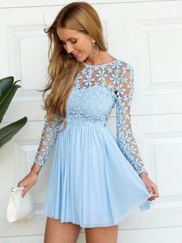 A-Line/Princess Scoop Long Sleeves Lace Short/Mini Chiffon Dresses