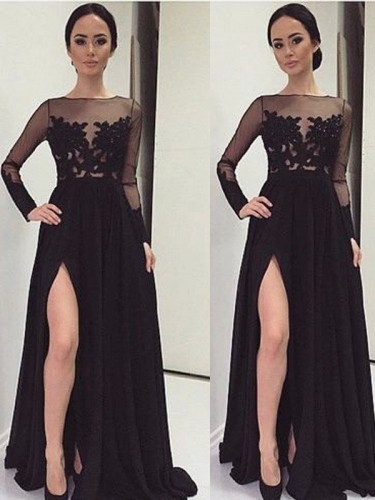 A-Line/Princess Bateau Long Sleeves Lace Floor-Length Chiffon Dresses