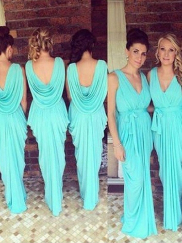 Sheath/Column V-neck Sleeveless Chiffon Ruched Floor-Length Bridesmaid Dresses