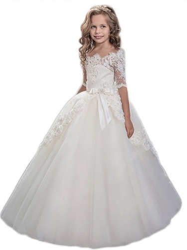 Ball Gown Off-the-Shoulder Short Sleeves Applique Floor-Length Tulle Flower Girl Dresses