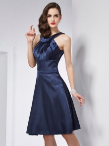 A-Line/Princess Scoop Sleeveless Pleats Short Elastic Woven Satin Bridesmaid Dresses