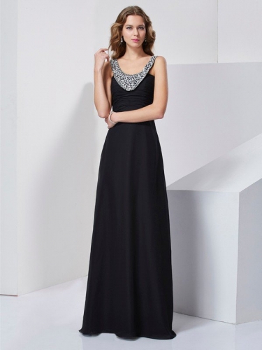 A-Line/Princess Scoop Sleeveless Beading Long Chiffon Dresses